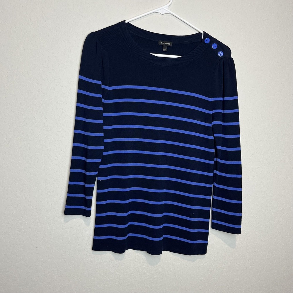 Talbots Sweater Womens Small Blue Stripe Crewneck Button 3/4 Sleeve Knit